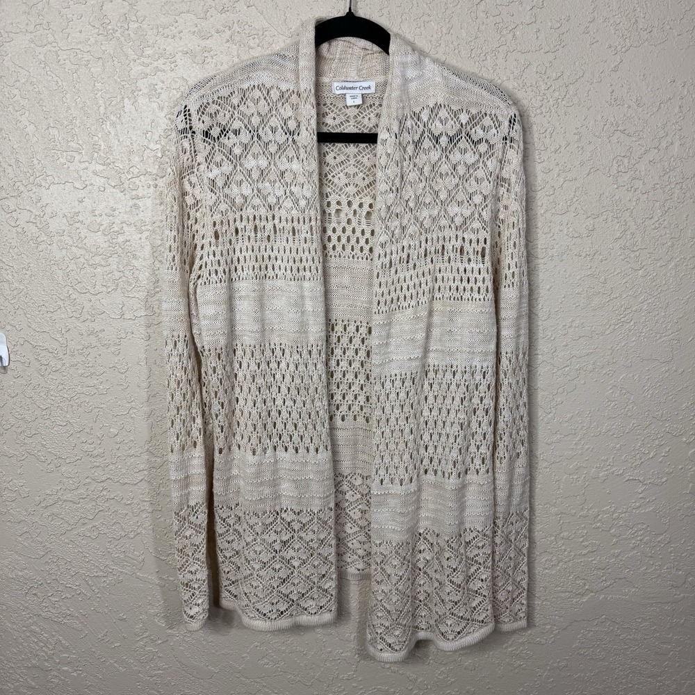 VTG Coldwater Creek Crochet Open Cardigan Cream Size Large Coastal Cottage Boho